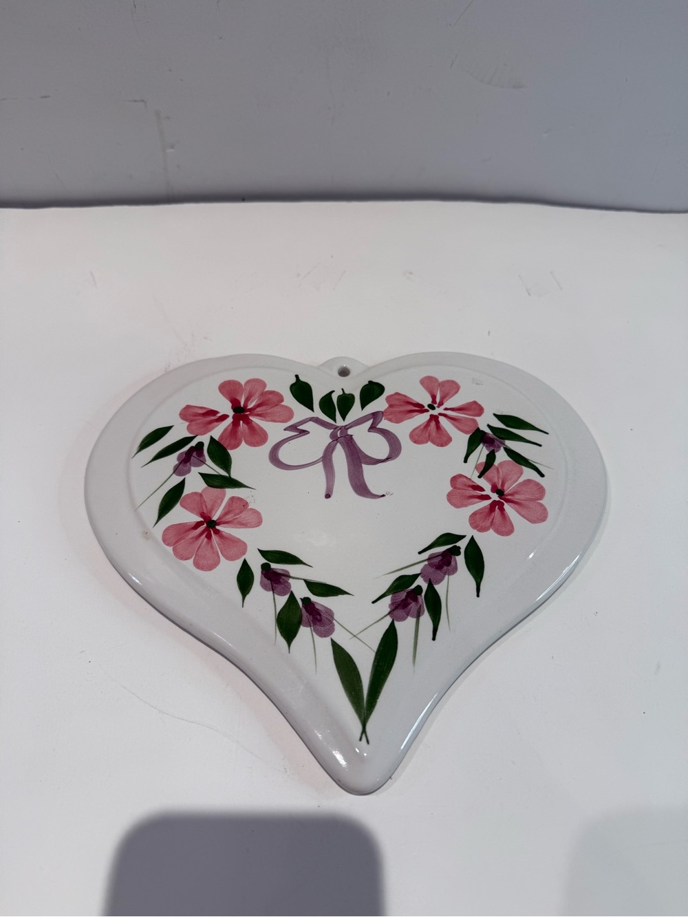 Vintage Hand Painted Ceramic Heart Wall Plaque Floral Trivet Pink Purple